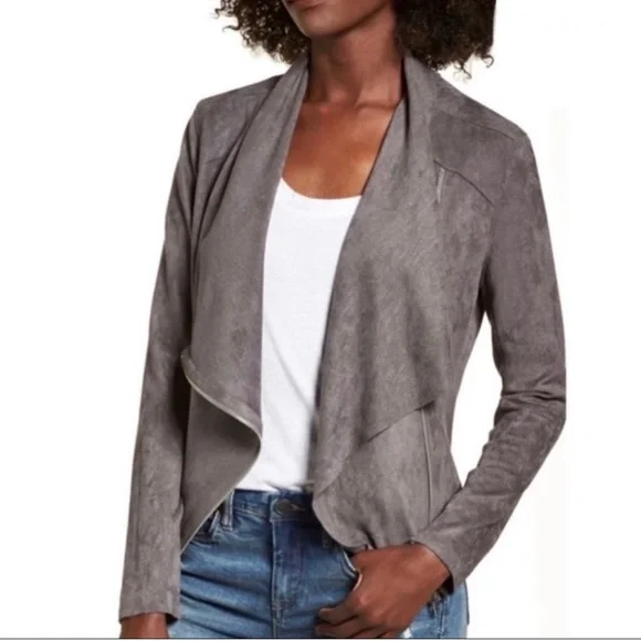 Blank NYC Faux Wrap Vegan Suede Asymmetrical Zip Draped Moto Jacket Grey Medium - Picture 1 of 8